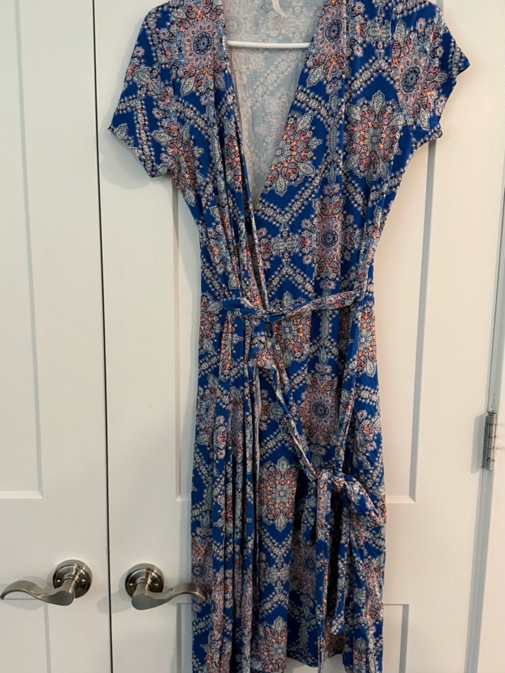 Renee C. Blue Printed Wrap Midi Dress with Coral Accents